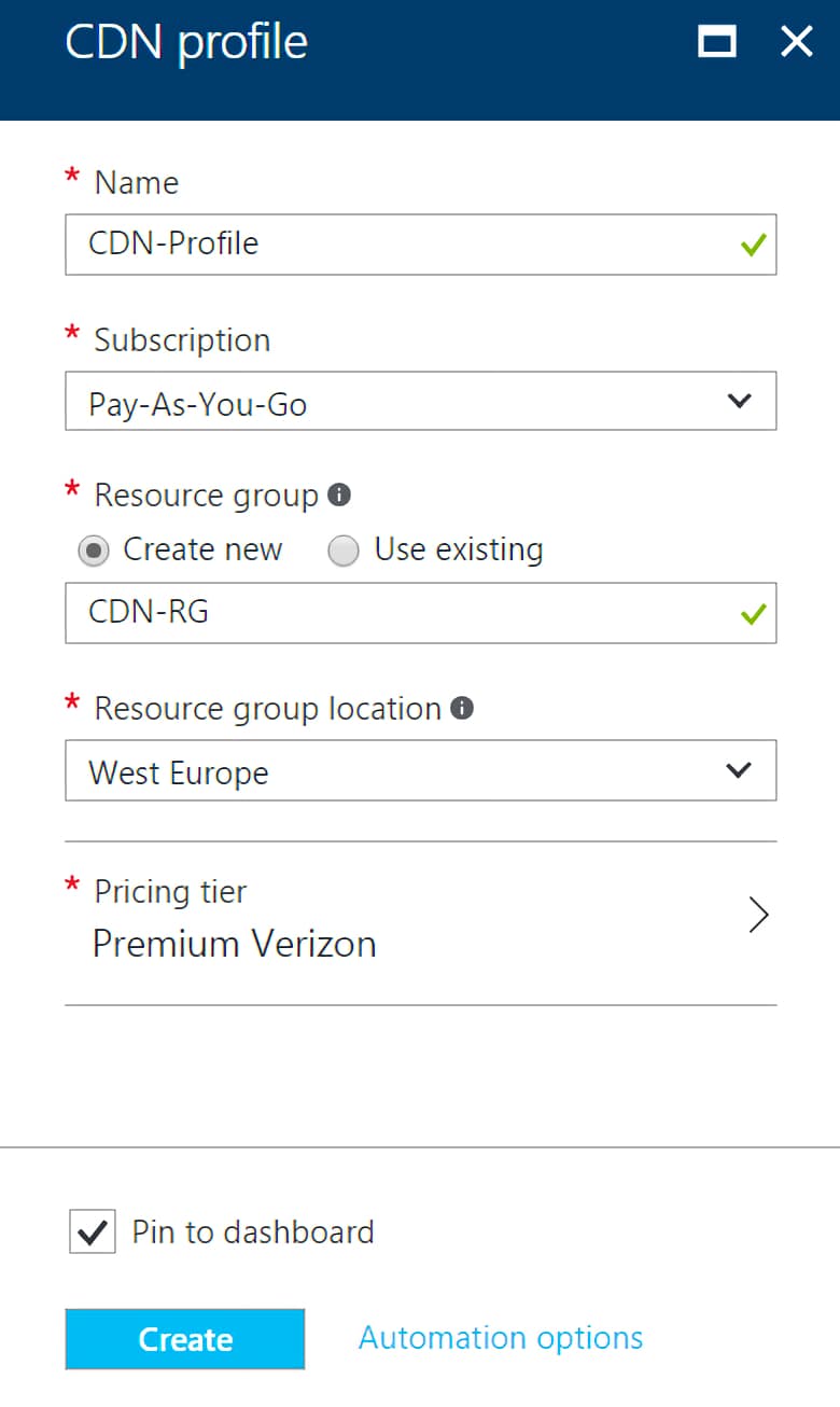 Creating a CDN profile in Azure